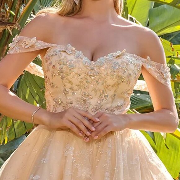 New Off Shoulder Mini Mesh Baby Doll Dress w/ Butterfly Appqliue & Sequins GS368 - Picture 5 of 9